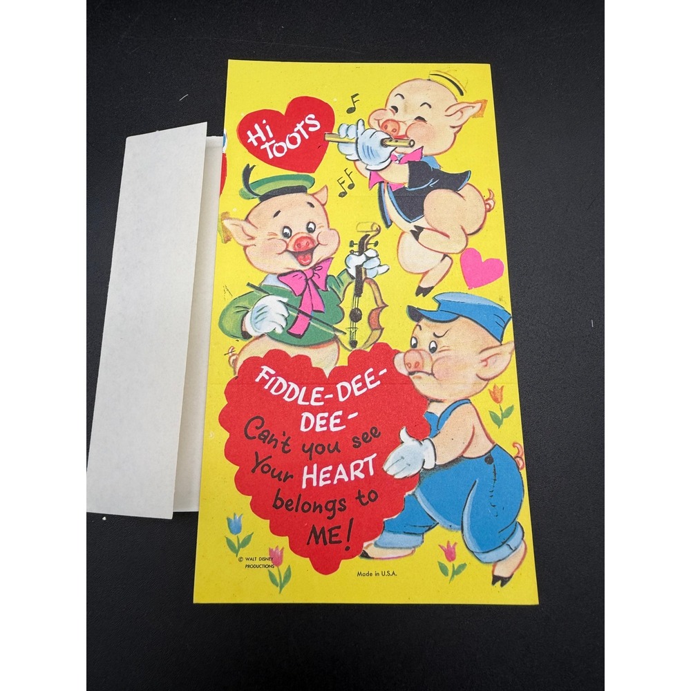 Vintage Walt Disney Valentine Card Three Little Pigs Fiddle-Deqe 1960‎ Envelope